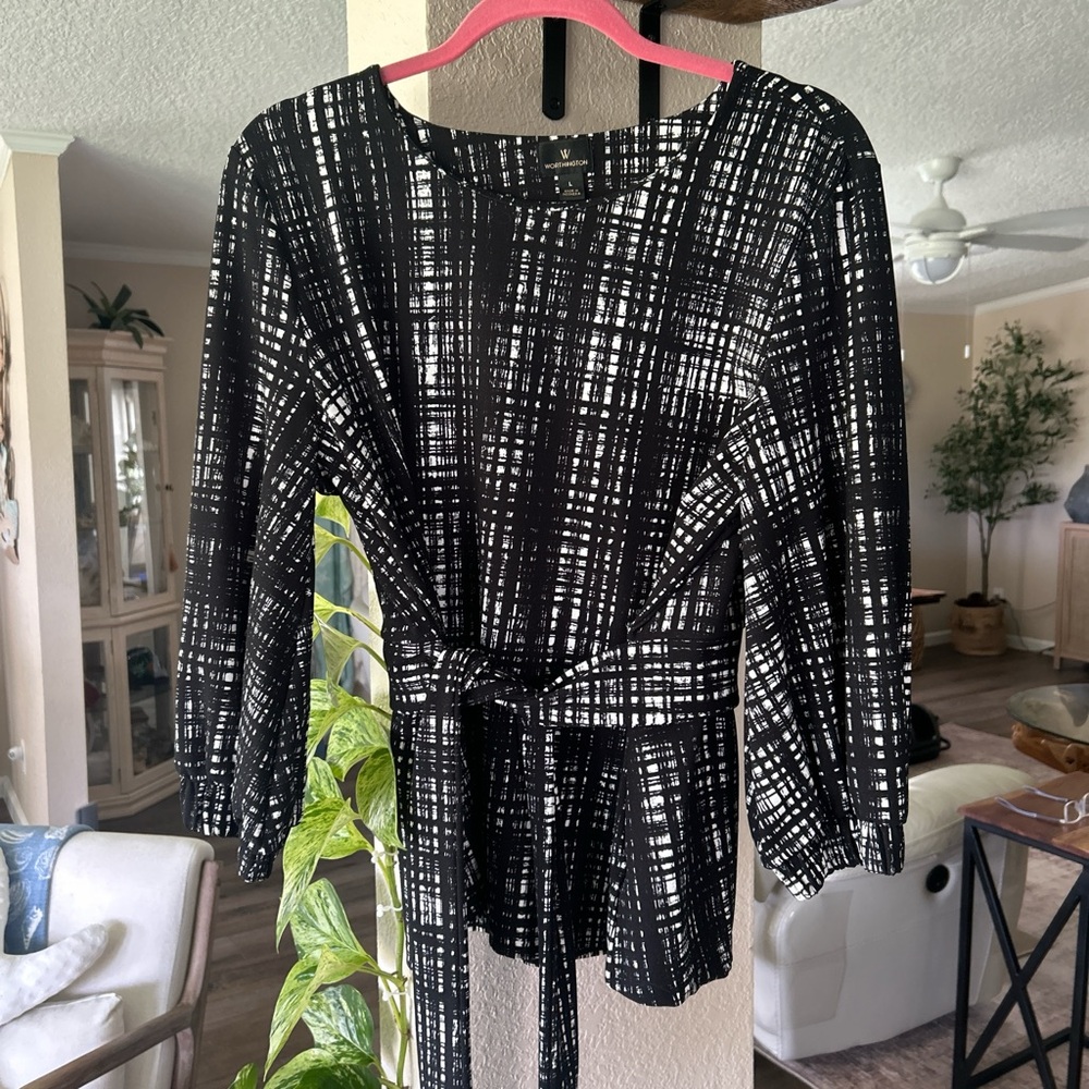Worthington Black and White Plaid Blouse